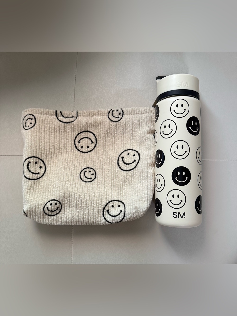 Cream & Black Smiley Print Water Bottle and pouch